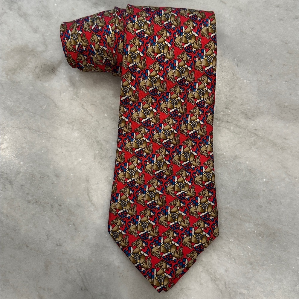 Hermes 7661 TA silk necktie. Jockeys and horses with red background